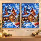 Framed and no-frame comparison for Snowfall over Christmas Village Diamond Painting Kit.