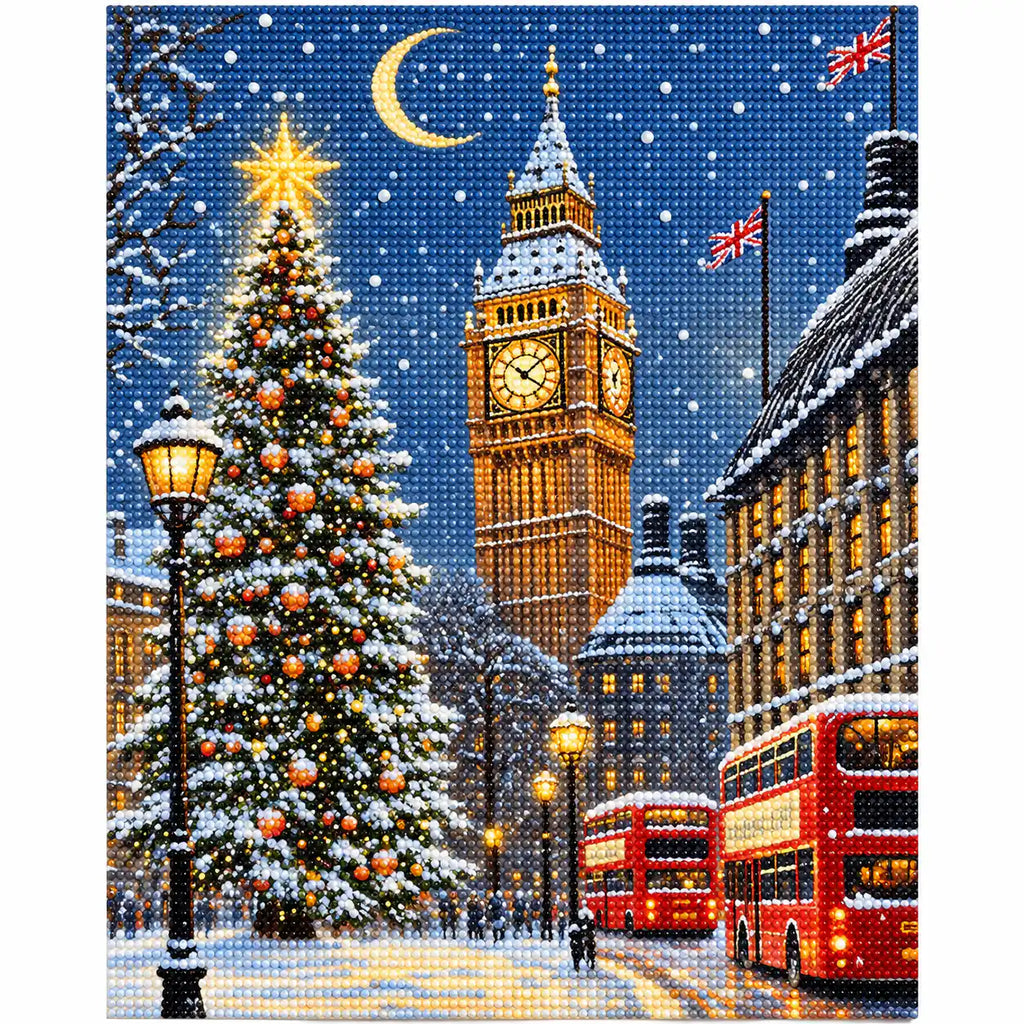 Finished diamond painting of snowfall over westminster.