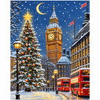 Finished diamond painting of snowfall over westminster.