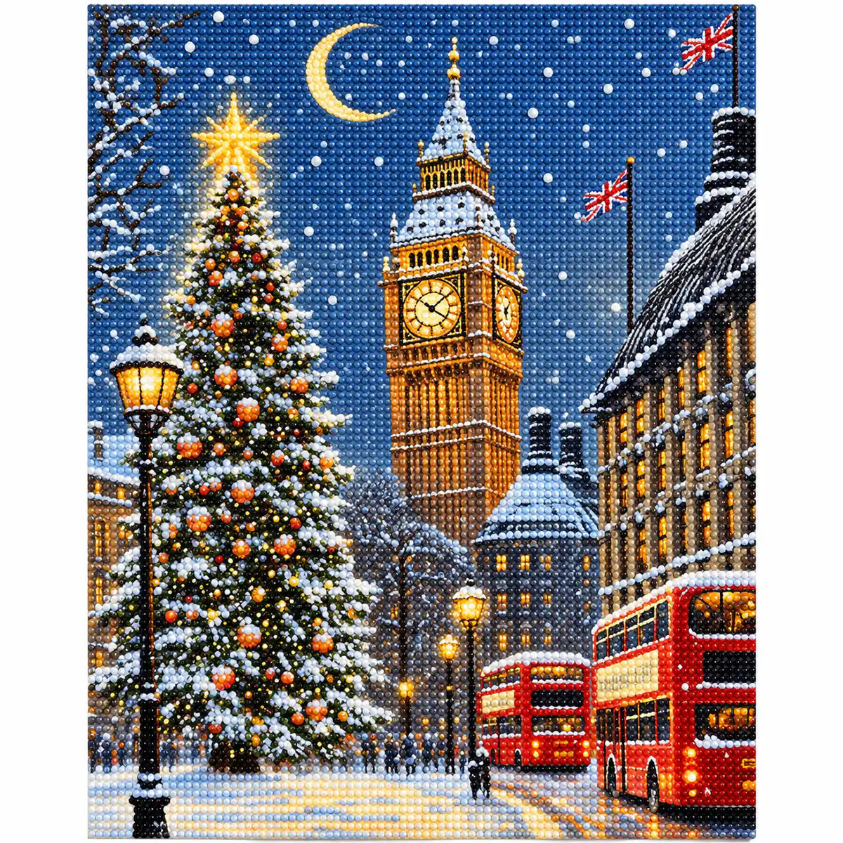 Finished diamond painting of snowfall over westminster.