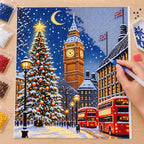 Diamond painting process for snowfall over westminster.
