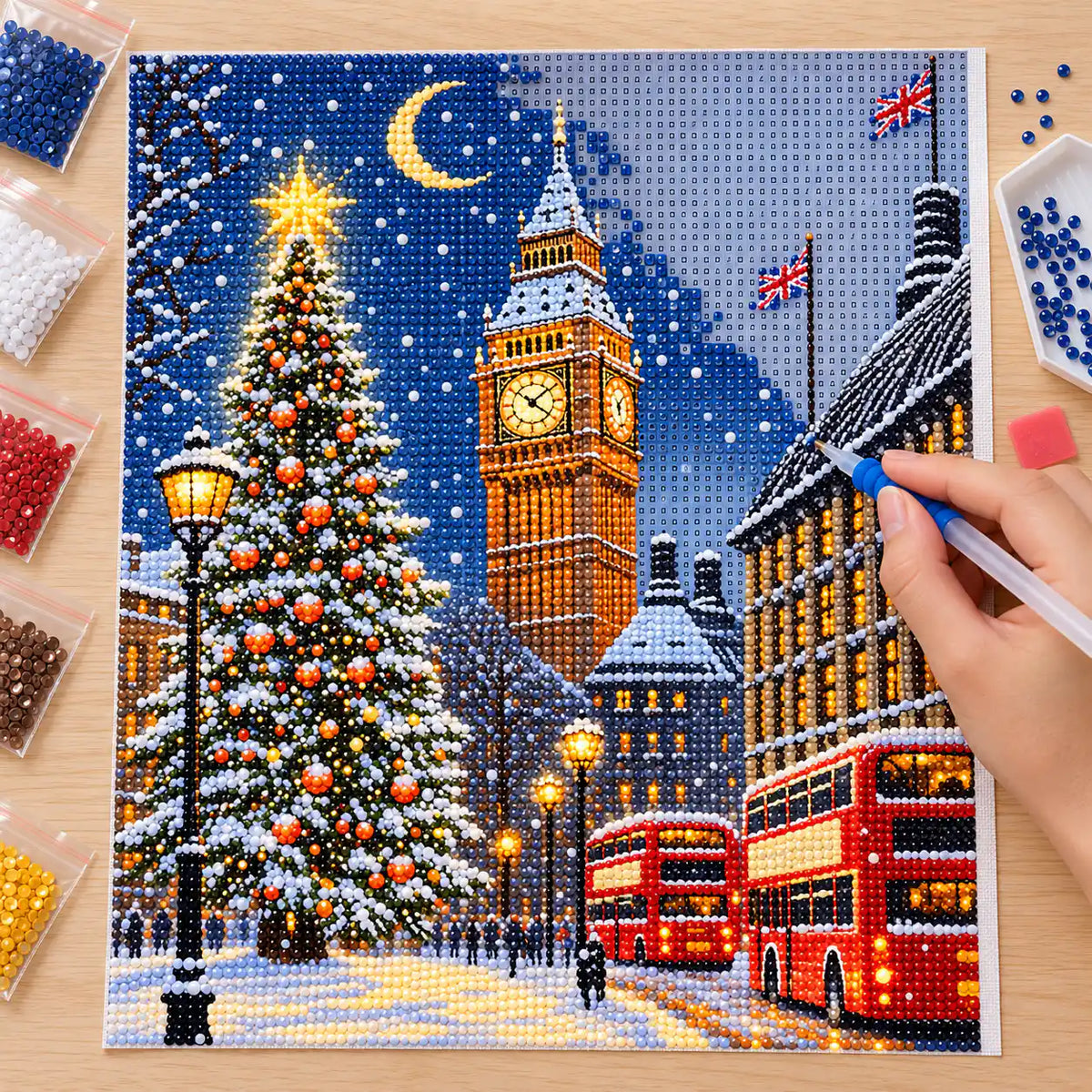 Diamond painting process for snowfall over westminster.