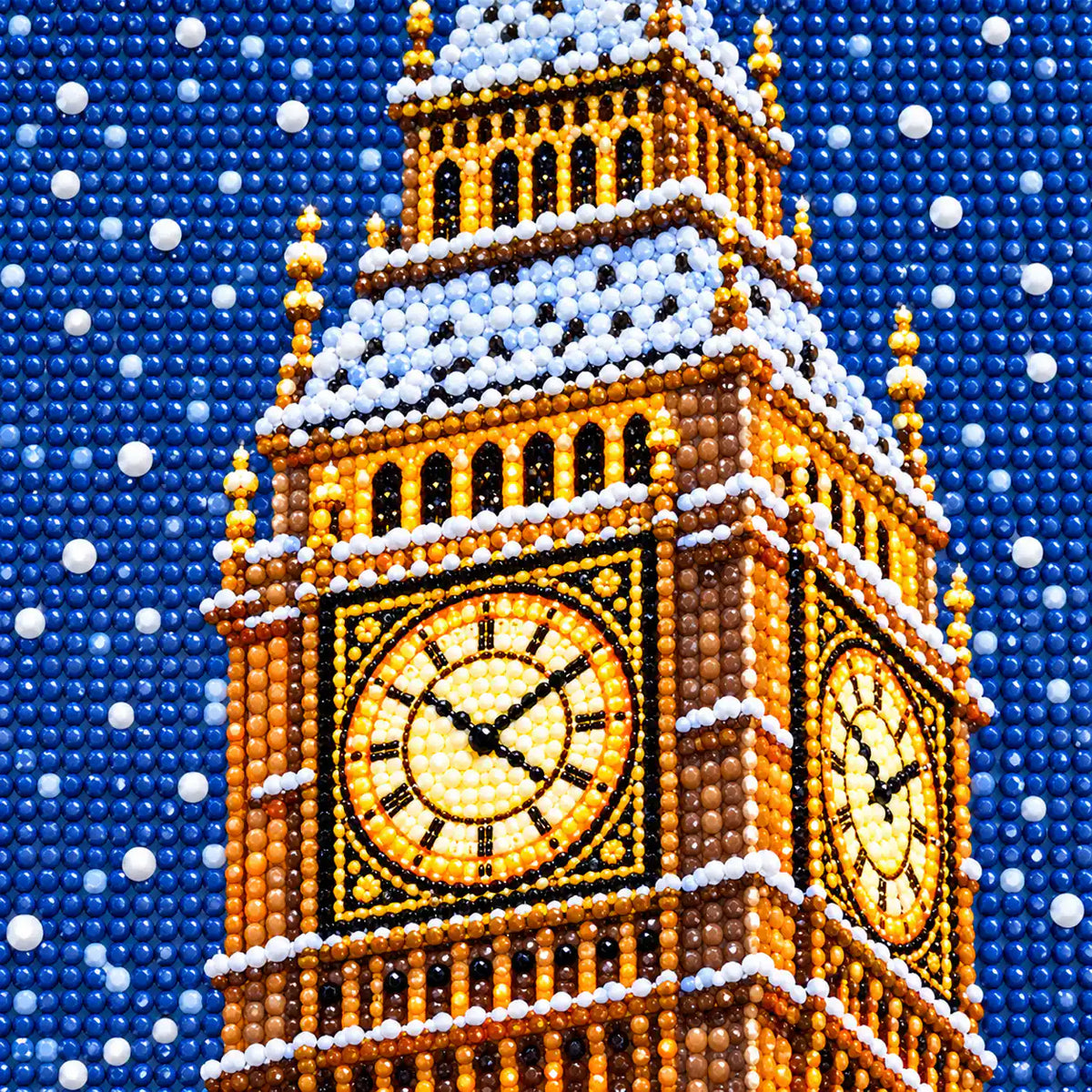 Close-up of diamond drill details in snowfall over westminster.