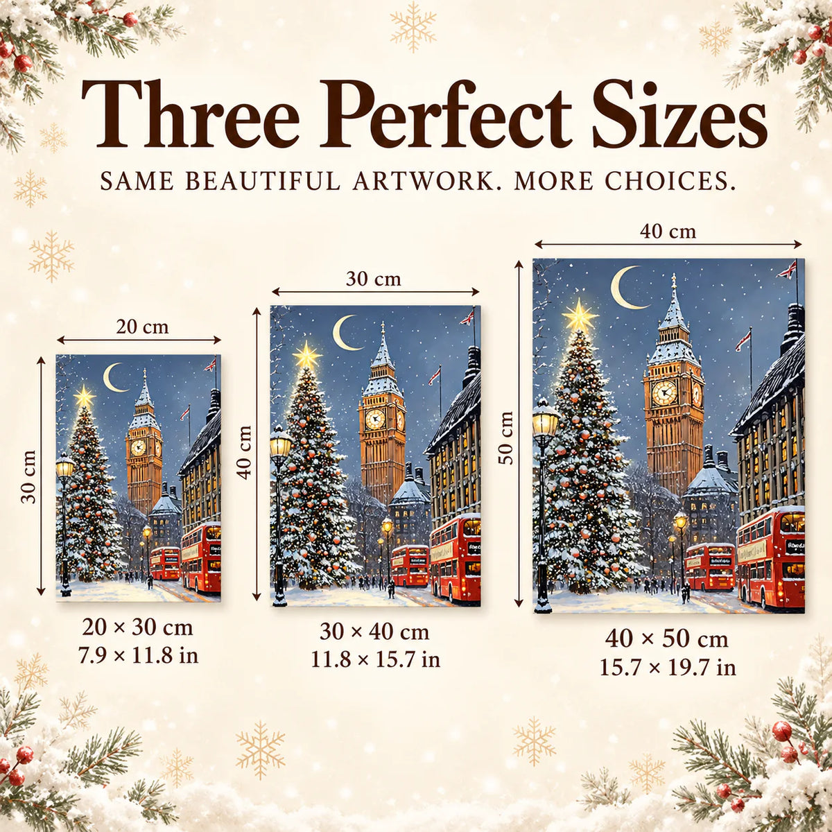 Size guide for Snowfall Over Westminster Diamond Painting Kit: 20 × 30 cm, 30 × 40 cm, and 40 × 50 cm.