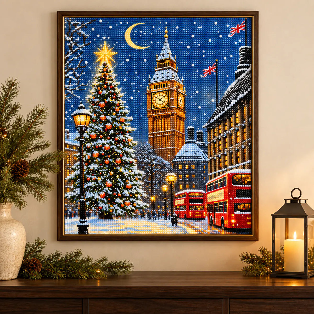 Home decor scene showing snowfall over westminster displayed on a wall.