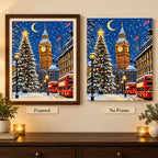 Framed and no-frame comparison for Snowfall Over Westminster Diamond Painting Kit.