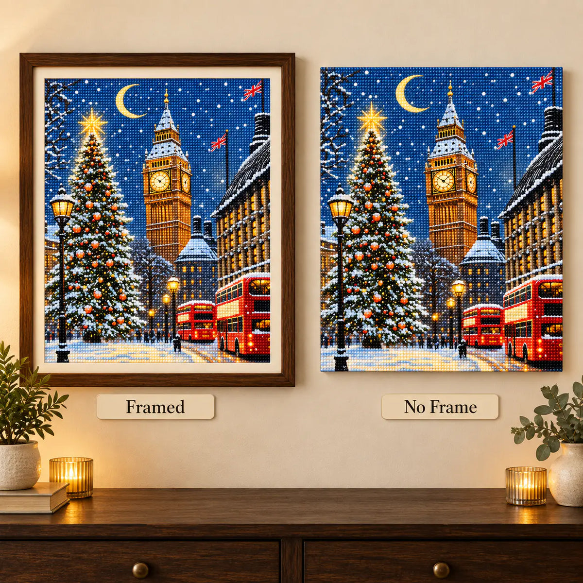 Framed and no-frame comparison for Snowfall Over Westminster Diamond Painting Kit.