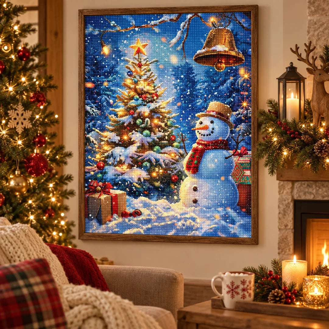 Snowman Christmas Tree Diamond Painting Kit scene