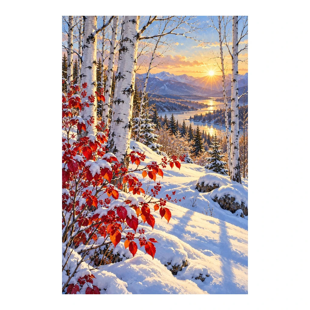 Original design of snow-covered birches, crimson leaves, evergreen trees, a mountain lake, and sunset on a white background.