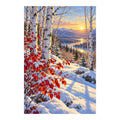 Original design of snow-covered birches, crimson leaves, evergreen trees, a mountain lake, and sunset on a white background.