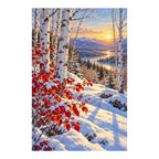 Original design of snow-covered birches, crimson leaves, evergreen trees, a mountain lake, and sunset on a white background.