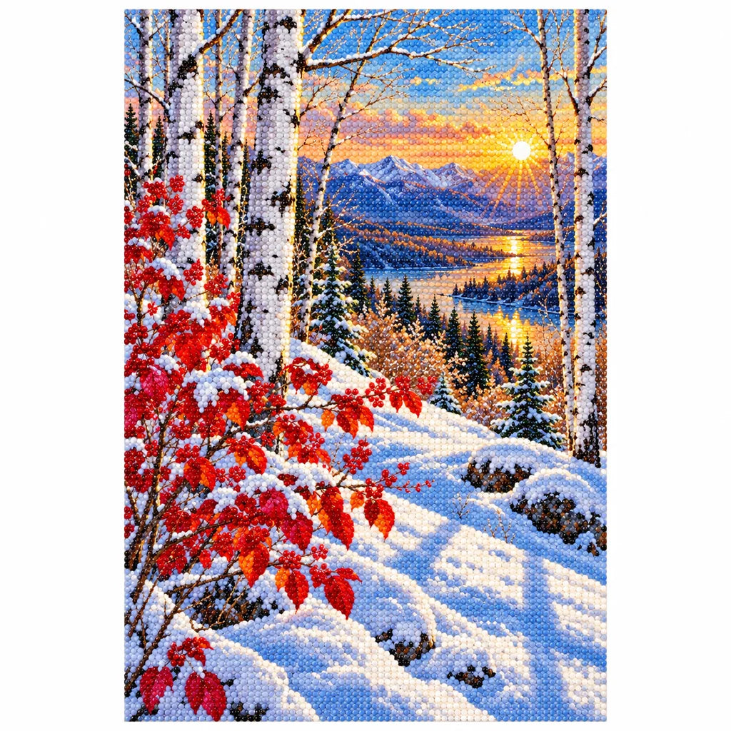 Finished diamond painting of snowy birches, crimson leaves, evergreens, and a sunset lake, shown on a white background.