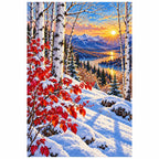 Finished diamond painting of snowy birches, crimson leaves, evergreens, and a sunset lake, shown on a white background.