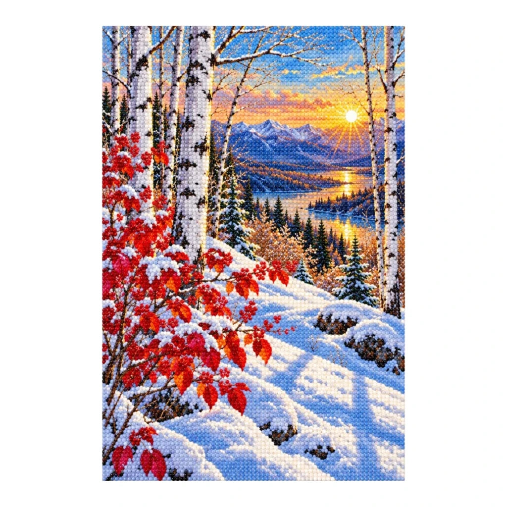 Finished diamond painting of snowy birches, crimson leaves, evergreens, and a sunset lake, shown on a white background.