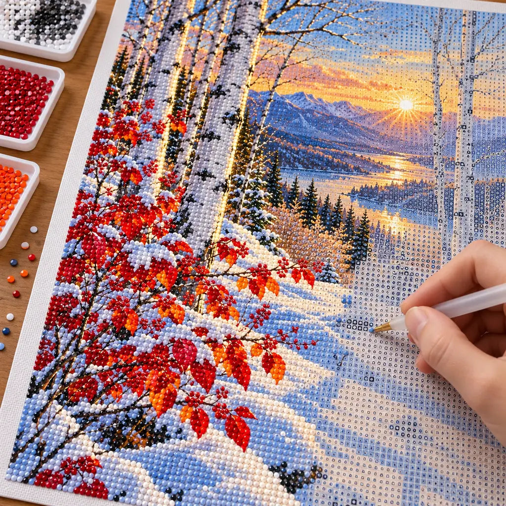 Hand placing diamond drills on the snowy birches and crimson leaves diamond painting canvas.