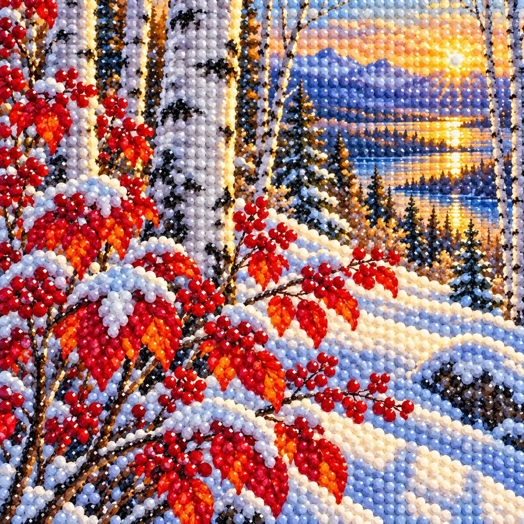 Close-up of sparkling drills forming crimson leaves and snowy birch trunks.