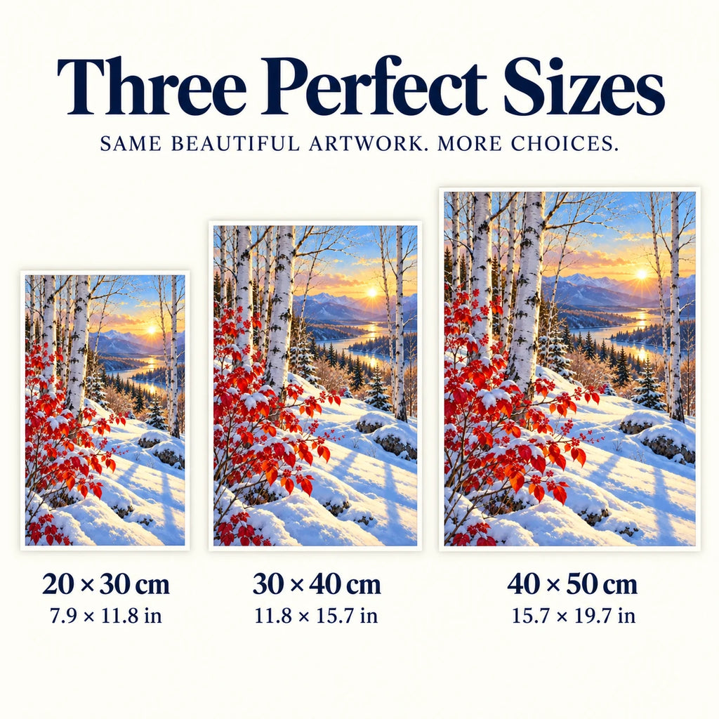 Snowy birches and crimson leaves diamond painting shown in 20 × 30, 30 × 40, and 40 × 50 cm sizes.