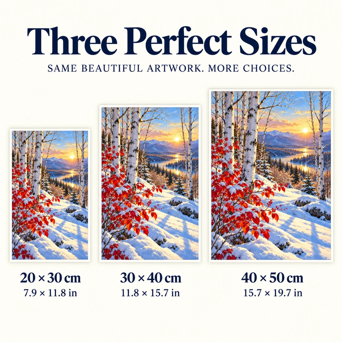 Snowy birches and crimson leaves diamond painting shown in 20 × 30, 30 × 40, and 40 × 50 cm sizes.