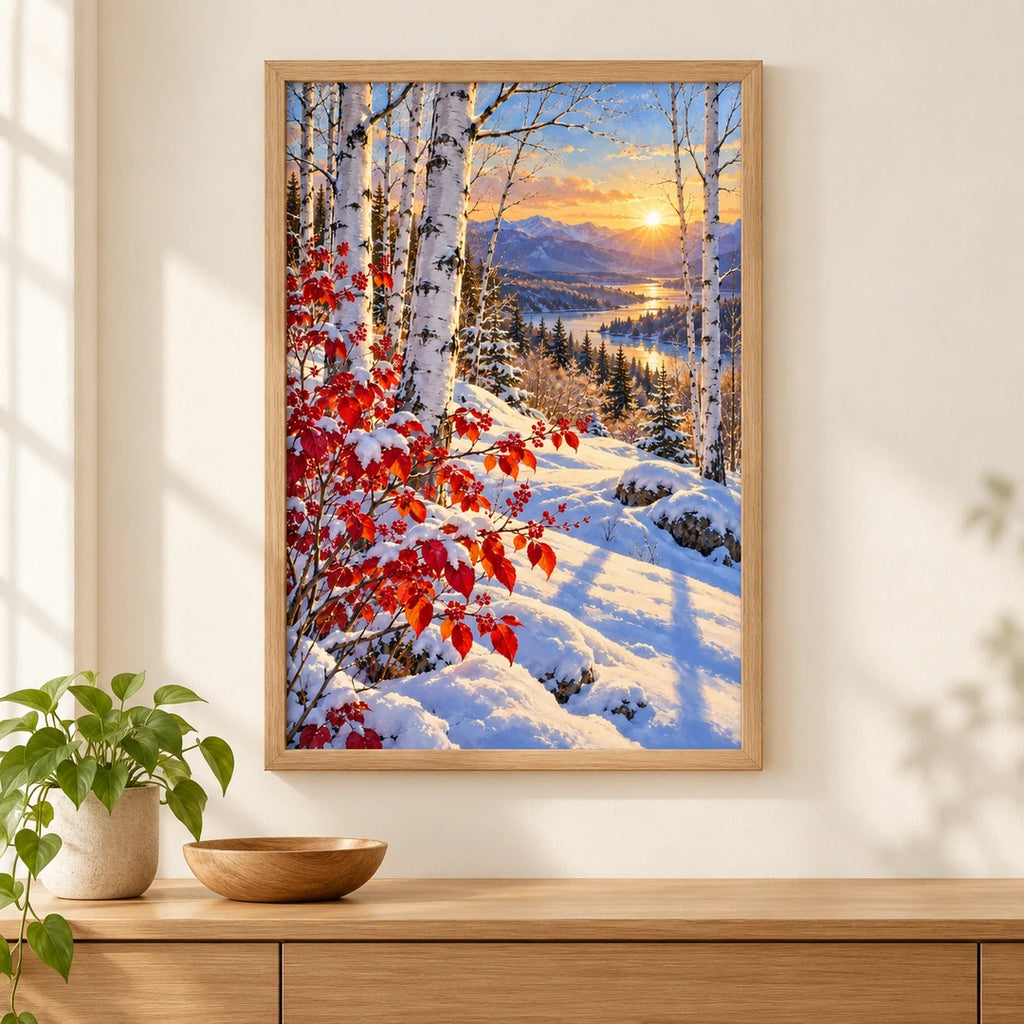 Framed snowy birches and crimson leaves diamond painting displayed above a wood console in a bright home interior.