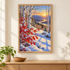 Framed snowy birches and crimson leaves diamond painting displayed above a wood console in a bright home interior.