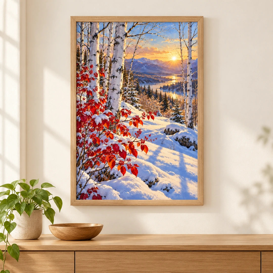 Framed snowy birches and crimson leaves diamond painting displayed above a wood console in a bright home interior.