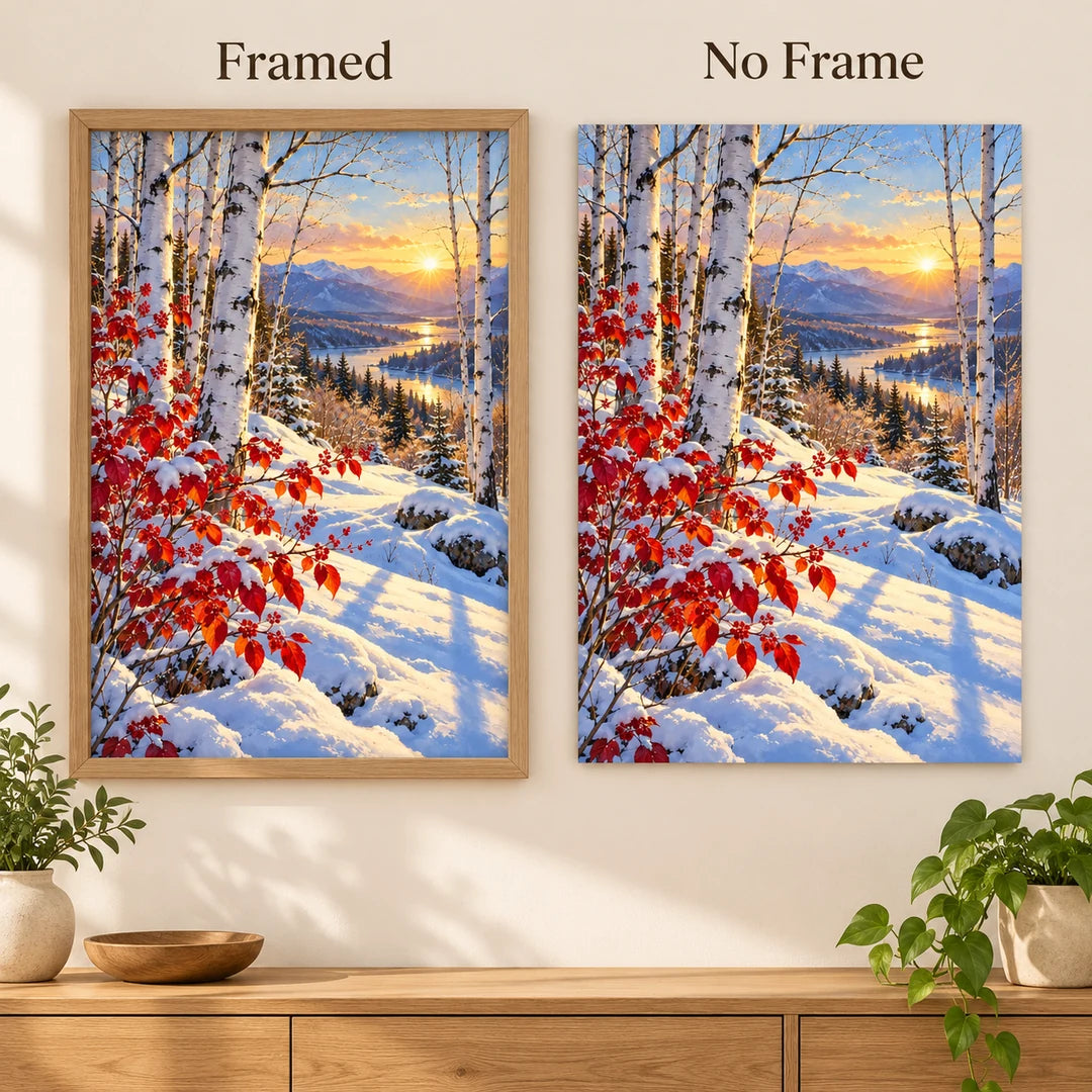 Framed and no-frame style comparison for the snowy birches and crimson leaves diamond painting.