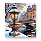 Snowy Canal and Street Lamp paint by numbers artwork on a front-facing canvas against a white background