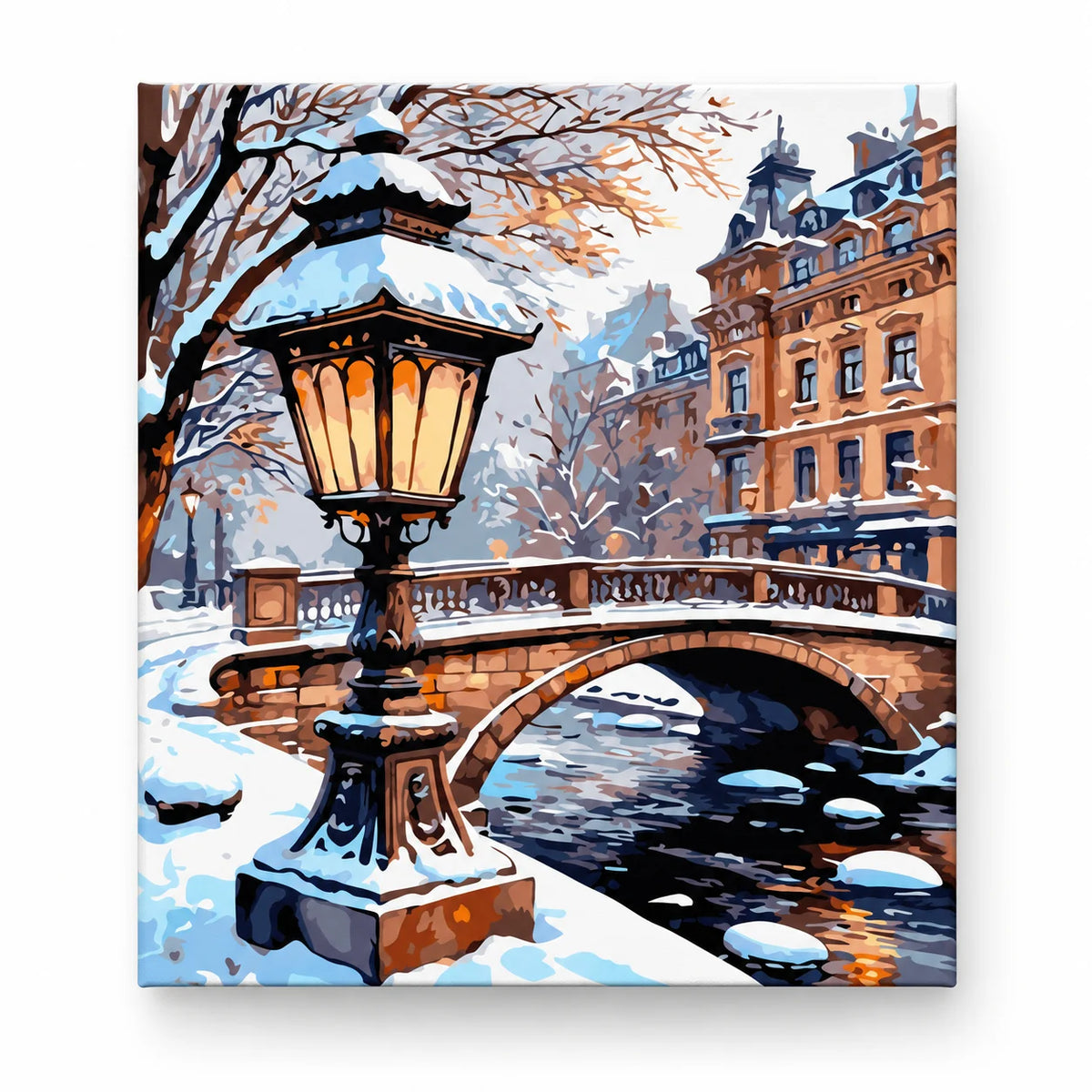 Snowy Canal and Street Lamp paint by numbers artwork on a front-facing canvas against a white background
