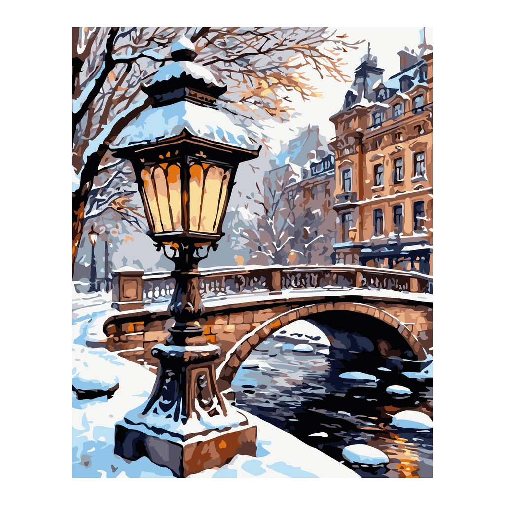 Snowy Canal and Street Lamp completed artwork on a clean white background
