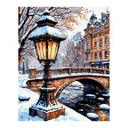 Snowy Canal and Street Lamp completed artwork on a clean white background