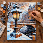 Complete Snowy Canal and Street Lamp numbered canvas being painted with acrylic paints and brushes