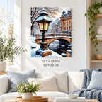 Snowy Canal and Street Lamp shown in a styled room with 15.7 × 19.7 in and 40 × 50 cm dimensions