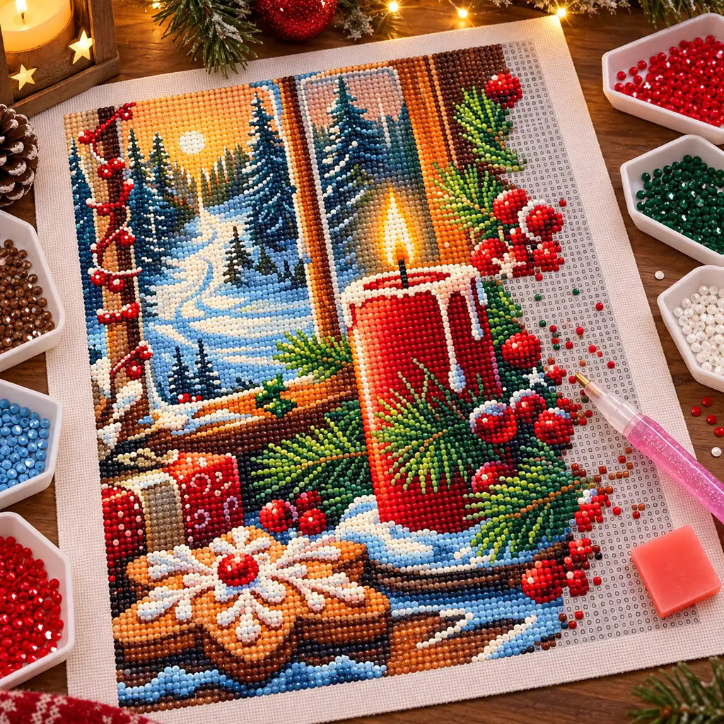 Diamond painting process for Snowy Candlelit Christmas