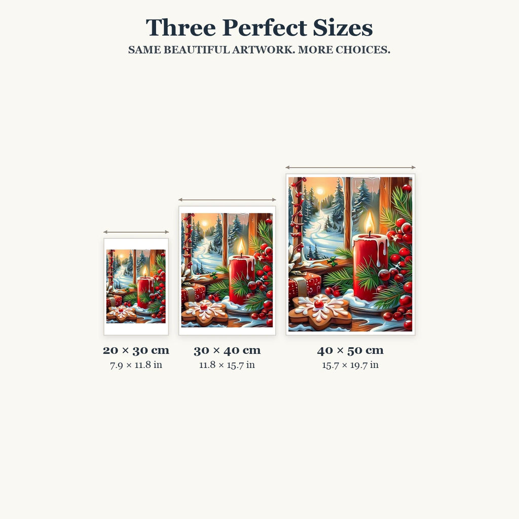20 × 30, 30 × 40 and 40 × 50 cm size guide for Snowy Candlelit Christmas
