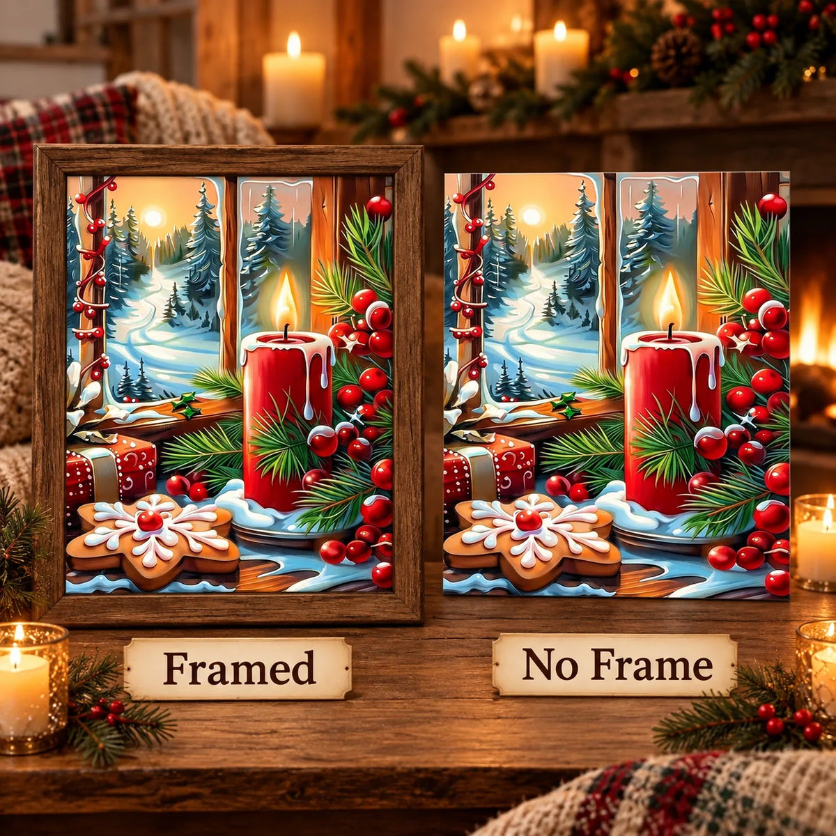 Framed and no-frame options for Snowy Candlelit Christmas