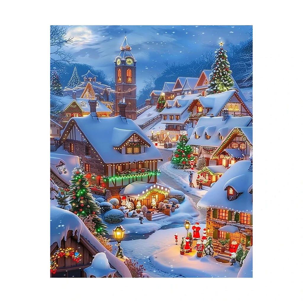 Snowy Christmas Village Diamond Painting Kit original artwork on white background