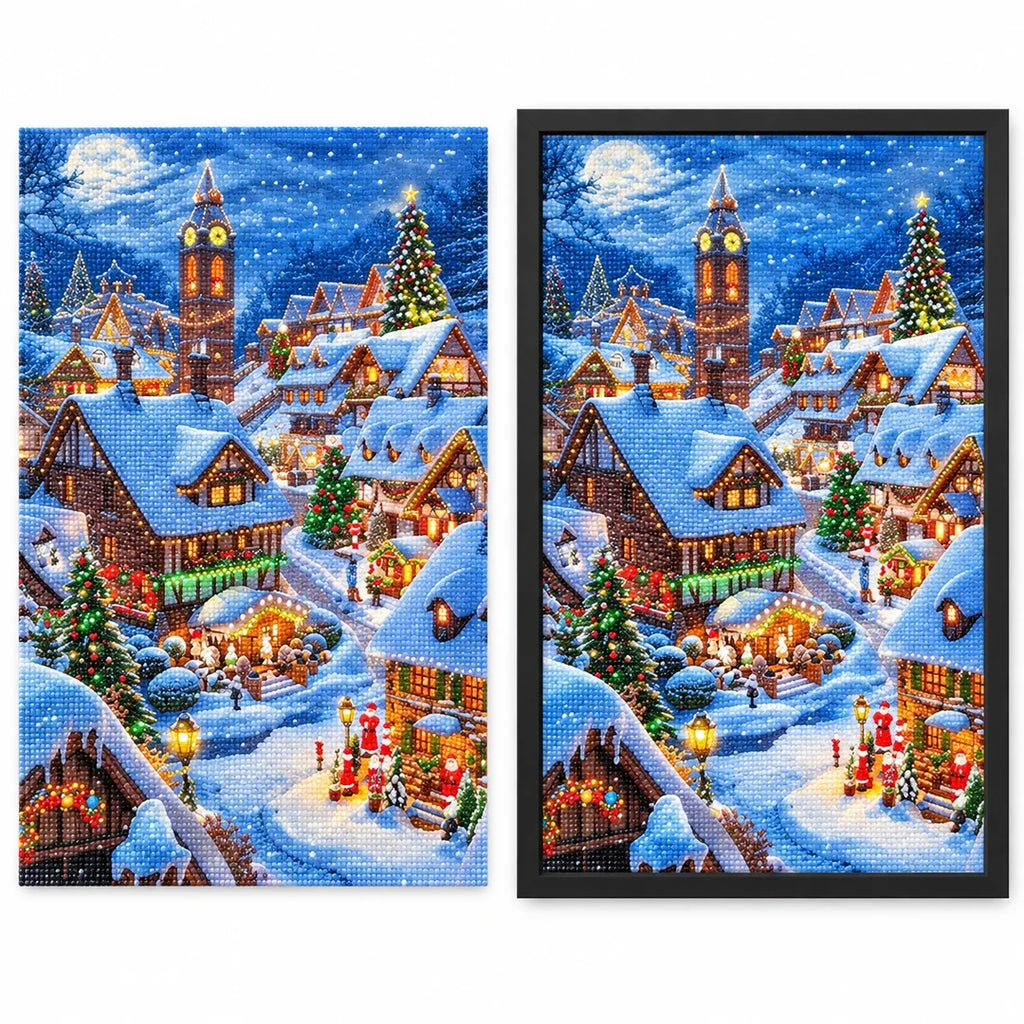 Snowy Christmas Village Diamond Painting Kit frame comparison