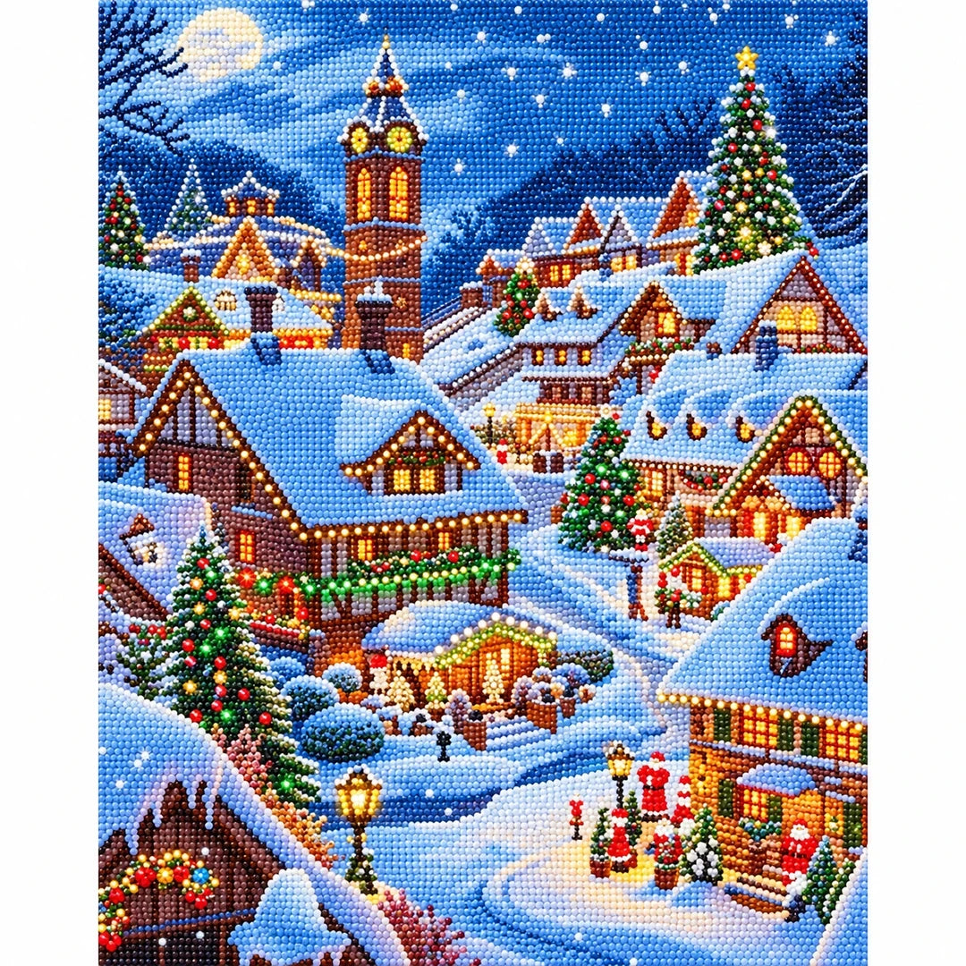 Snowy Christmas Village Diamond Painting Kit finished diamond artwork on white background