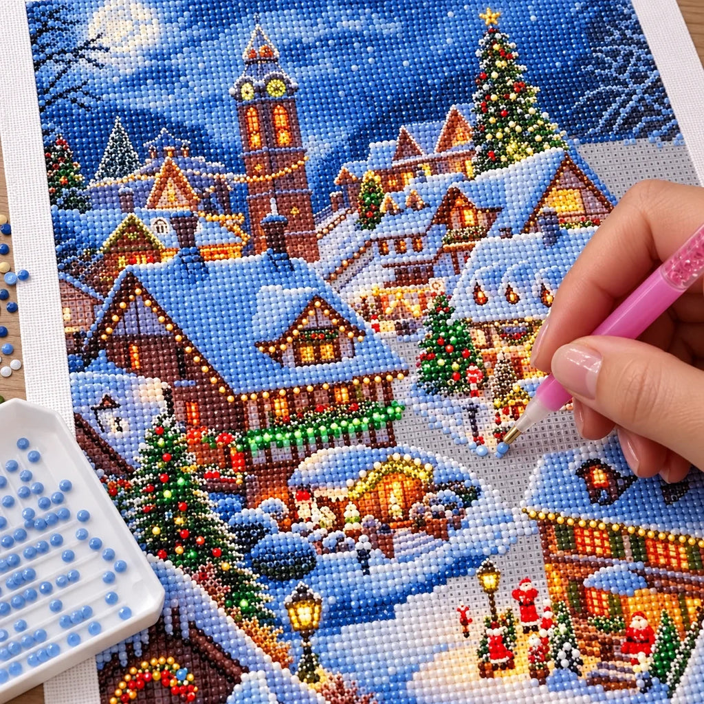 Snowy Christmas Village Diamond Painting Kit process