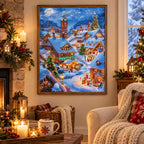 Snowy Christmas Village Diamond Painting Kit scene