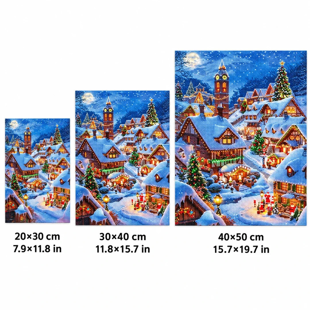Snowy Christmas Village Diamond Painting Kit sizes