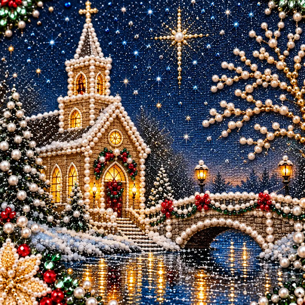 Snowy Church Christmas Night Pearl Diamond Painting Kit