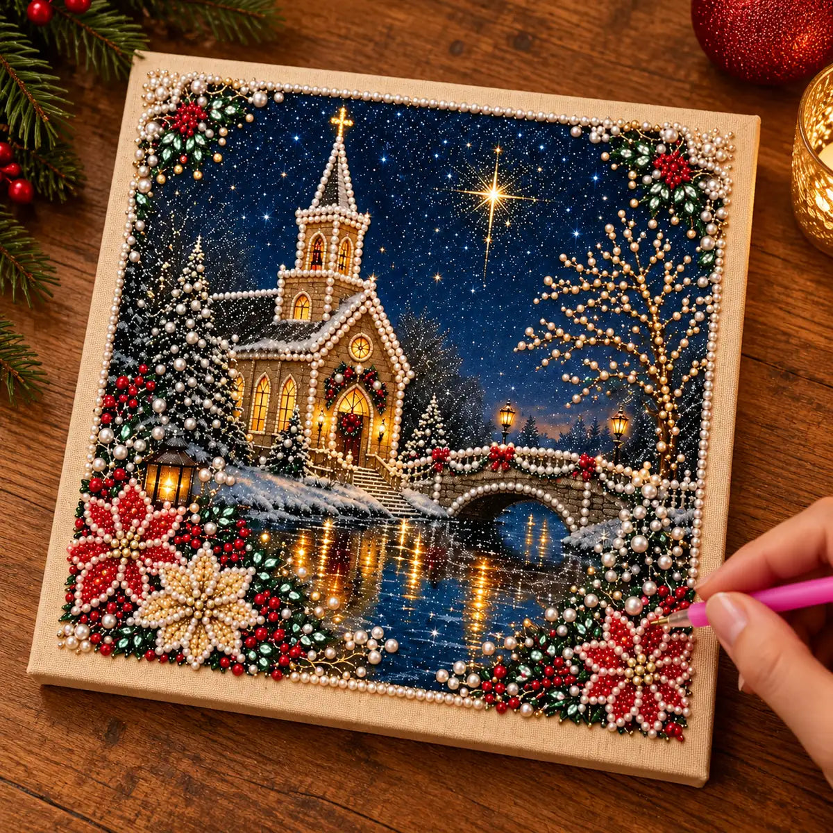 Snowy Church Christmas Night Pearl Diamond Painting Kit