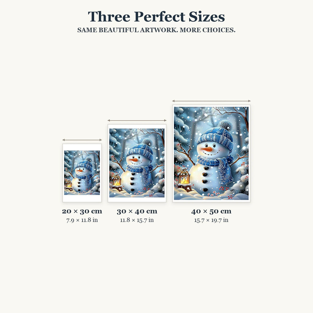 20 × 30, 30 × 40 and 40 × 50 cm size guide for Snowy Friends In Blue
