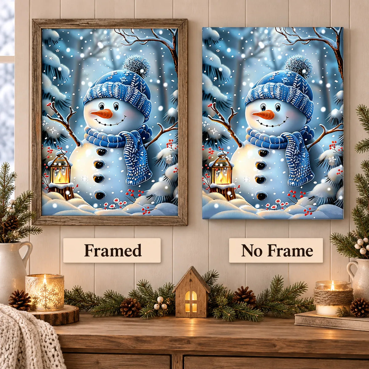 Framed and no-frame options for Snowy Friends In Blue