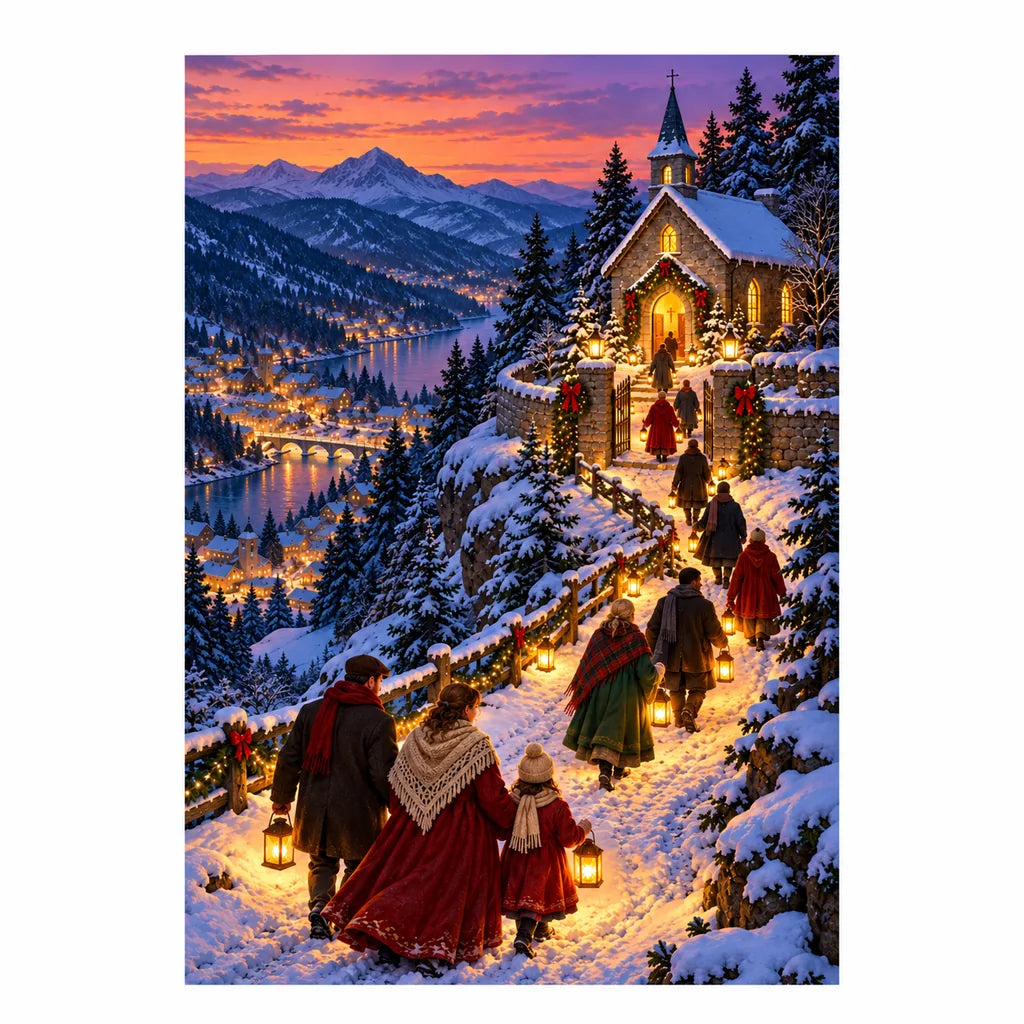 Original illustration of people carrying lanterns along a snowy mountain path toward a glowing hilltop chapel at dusk, on a white background