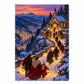 Original illustration of people carrying lanterns along a snowy mountain path toward a glowing hilltop chapel at dusk, on a white background