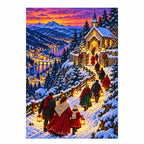 Finished diamond painting of a lantern-lit procession approaching a snowy hilltop chapel