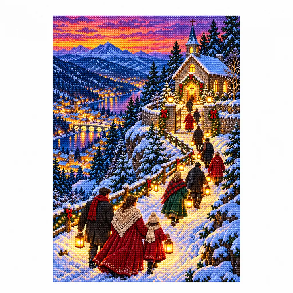 Finished diamond painting of a lantern-lit procession approaching a snowy hilltop chapel