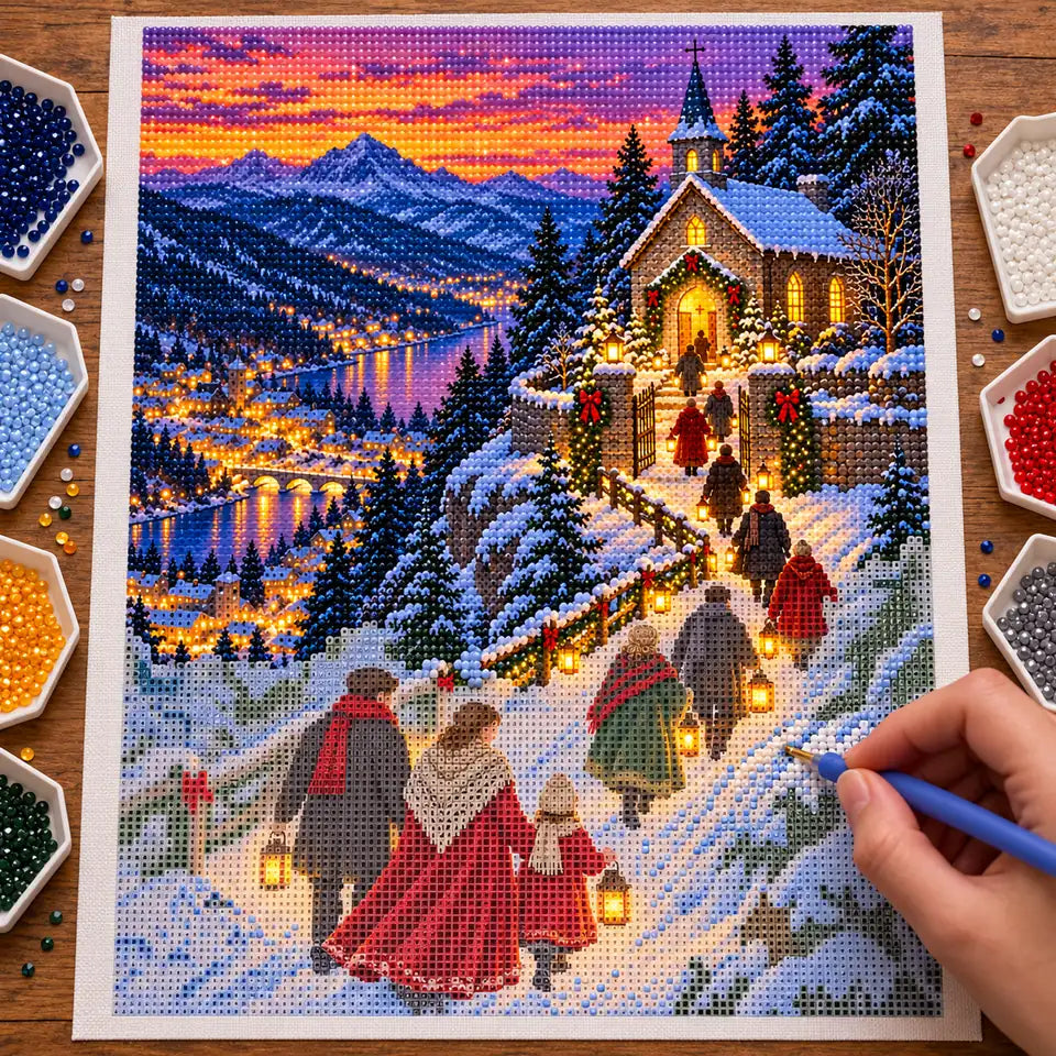 Hand placing diamond drills on the snowy hill chapel procession canvas